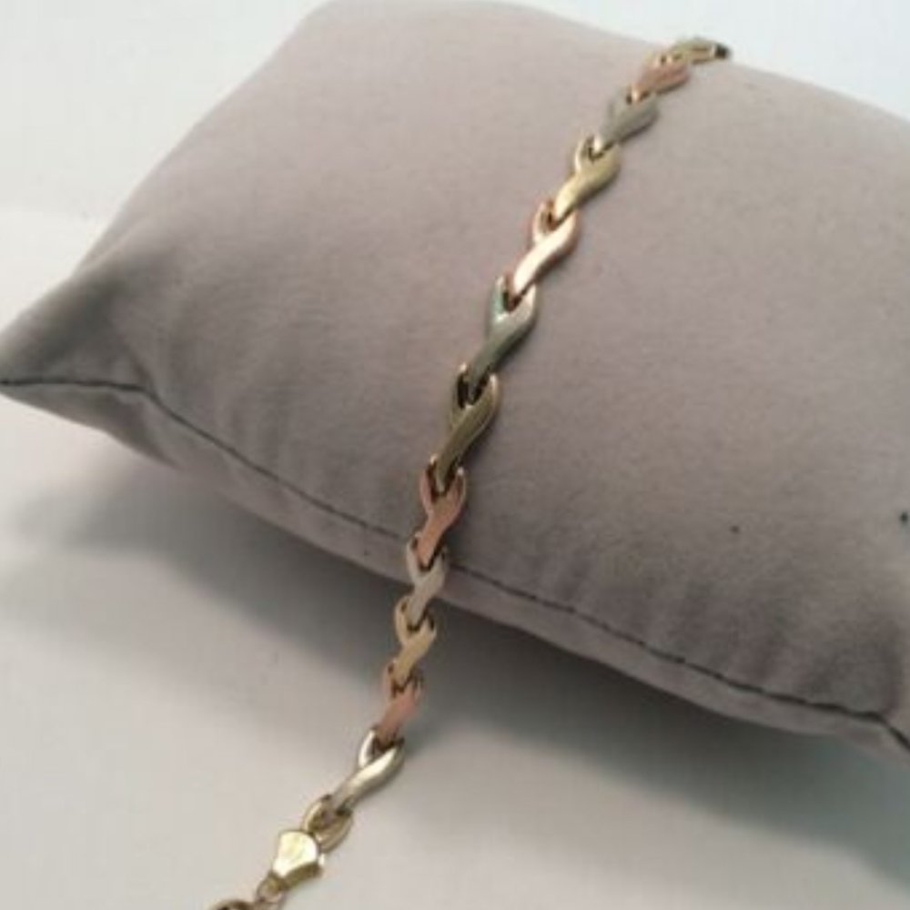 14k Tri-Color REAL Solid Gold XO Hearts & Kisses Cz Fancy Bracelet 7 1/4'' 4.4g